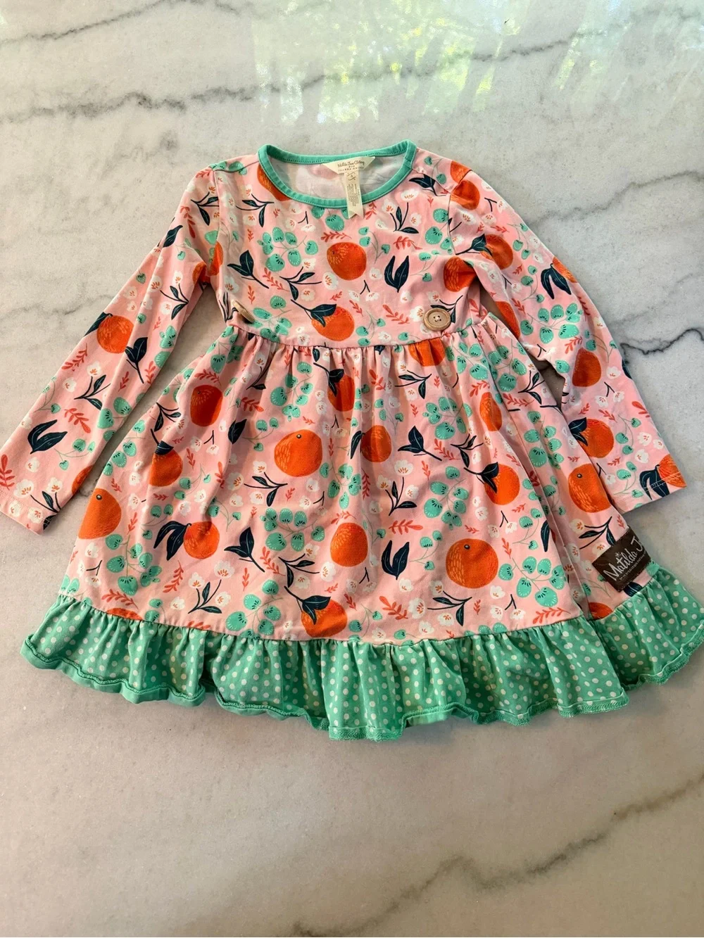 Matilda Jane Pink Dress with Orange Fruit & Teal Trim